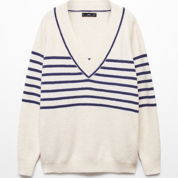 Mango Ivory and Navy V-neck Striped Sweater/NWT/L - Picture 7 of 15